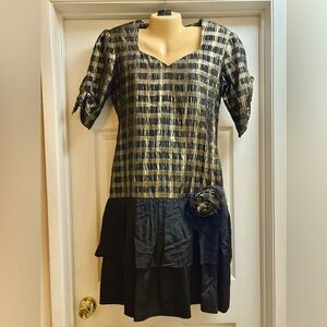 Vintage 80s Gold Black Metallic Plaid Taffetas Dress Cocktail Formal Size Large